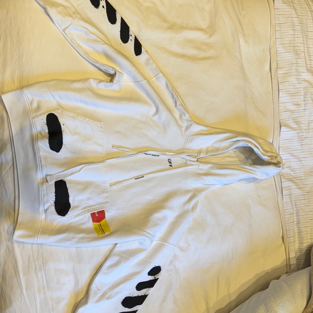 Off-white Hoodie with Black and Red Accents